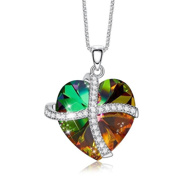Crystals Rainbow Pave Heart Ribbon Necklace - Lacatang Market