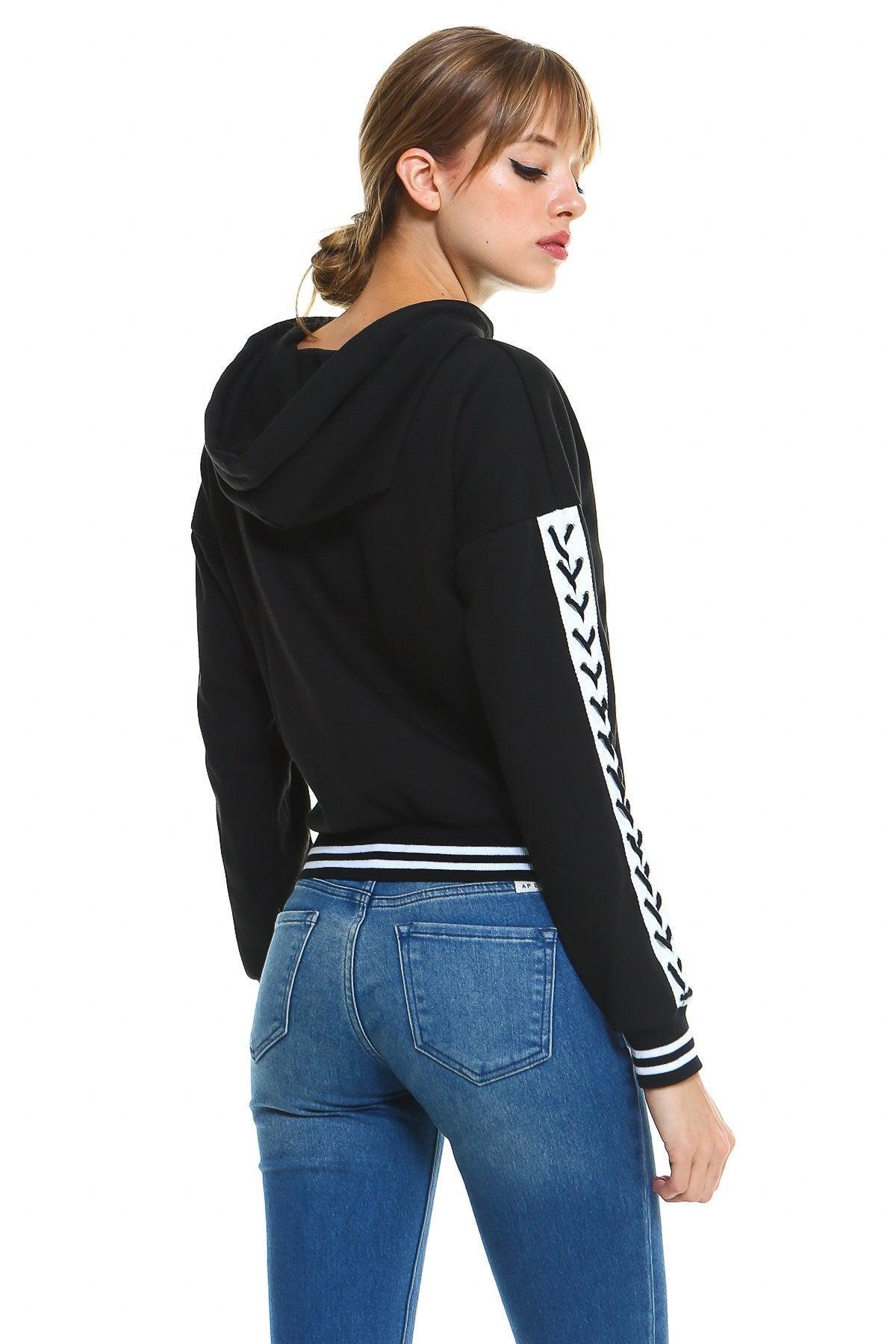 Fleece Lace Up Detail Sleeve Hooded Top - Lacatang Market